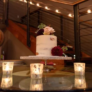 Six inch single tier, semi-naked wedding cake.