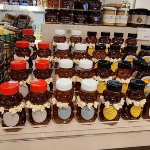 Different flavored honeys in cute bear containers