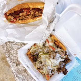 Sammi's favorite hot sandwich / $7.99 (half) + Philly cheesesteak fries / $14.99, w/ double meat / $2.50 (delivery pricing)