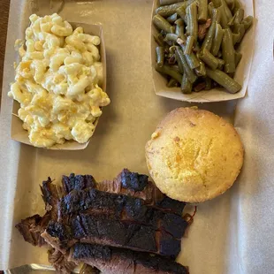 Mac &amp; Cheese, Brisket, Green Beans and corn muffin