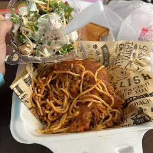 Spaghetti plate and salad! So good!