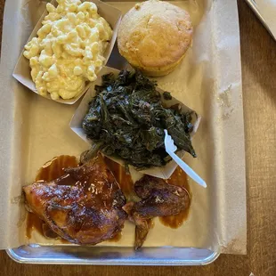 Barbecue chicken, Greens, Mac &amp; Cheese and corn muffin