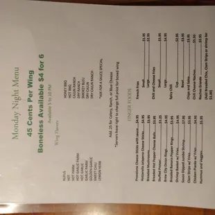 Monday menu, fried foods only