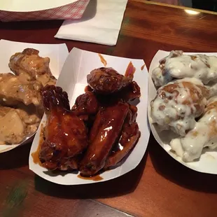 3 wing flavors, from left to right: Smokey Bleu, Sriracha Bourbon &amp; Parmesan Peppercorn. Thumbs up to the first two.