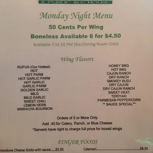 Wing Night Menu, Mondays