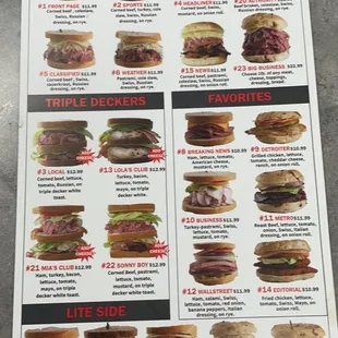 a menu for sandwiches