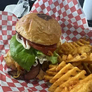Cheesburger with bacon pimento cheese slaw lettuce tomato and ketchup