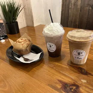 Iced Caramel Macchiato, Iced Mocha, Raspberry White Chocolate Muffin