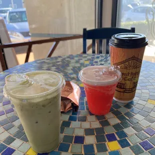 Medium iced matcha latte, small kombucha, large latte