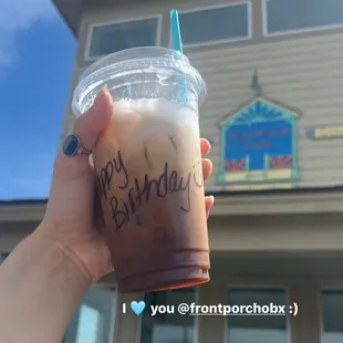 iced coffee that says happy birthday