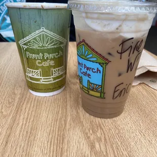 Cafe latte and an iced bonfire latte