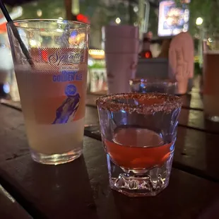 a drink and a shot on a table