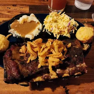 Smoked Pork Ribs (fried onion straws)  w/Red Skin Mashed Potatoes and Spicy Cole Slaw and cornbread muffins