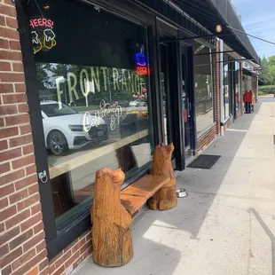 Cute outdoor bear bench that goes with their Front Range theme