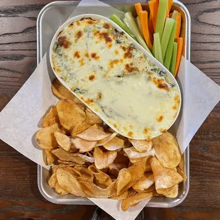 a tray of chips and dip