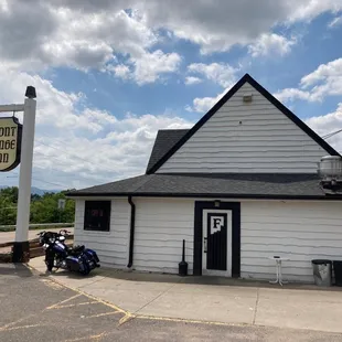 a motorcycle parked in front of the building