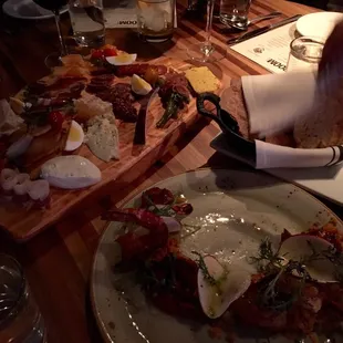 Cheese board. BBQ shrimp. Bread