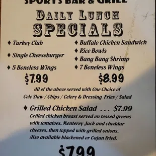 Lunch special menu