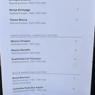 Menu of coffee beans roasted in-house