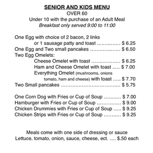 Kids/senior menu