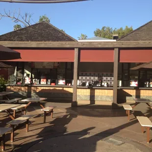 tables and umbrellas outside