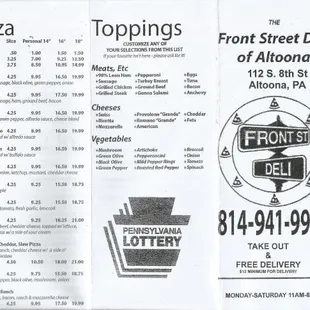 the menu for the front street deli