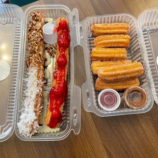 Left: El Bandido, middle: classic churro with cherry, right: 6 piece churro bites with Nutella and strawberry dipping sauce