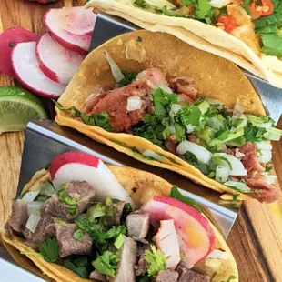 3 different meats tacos: Lengua (beef tongue) , Tripa ( tripe ) and Camarones (shrimp )