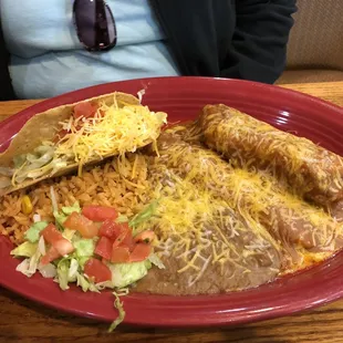 The Cinco- Tamale, cheese enchilada, shredded beef crispy taco with rice and refried beans