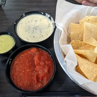 Chips, Salsa, Green Sauce, House Queso