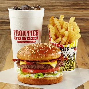 Bacon Cheeseburger - Bacon, cheese, lettuce, tomato, onions, dill pickle slices and salad dressing.