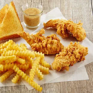 Crispy Hand-Breaded Tender Box - Three hand-breaded chicken tenders, Texas toast, french fries and your choice of two dipping sauces.