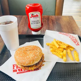 Chili Burger, fries, soda