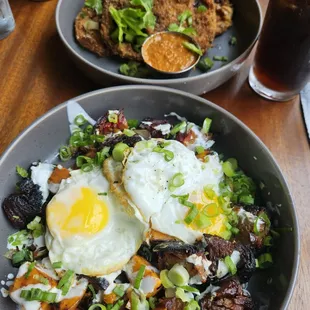 Brisket hash and fried green tomatoes