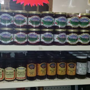 a shelf full of jams