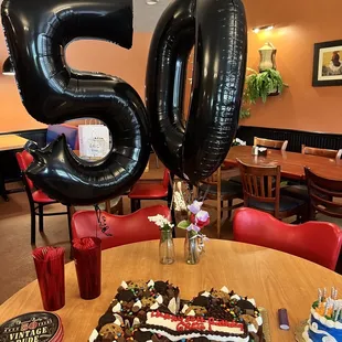 a birthday cake and balloons