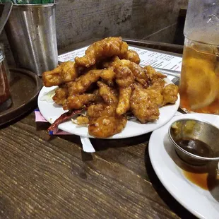 Orange Chicken. Slightly visble the wasabi sauce.