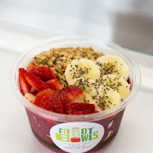 Acai Bowl: Base - Acai, coconut milk, bananas, mixed berries, Toppings - bananas, strawberries, granola