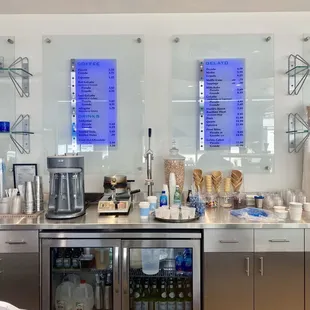 a counter with a variety of beverages