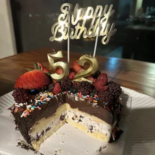 Shown w/ my own candles and banner.Dk chocolate and stracciatella gelatos with fruit and sprinkles and clear gel topping serves 4-6 $40.