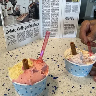 Rum raisin gelato and raspberry sorbet. My friend had the salted caramel and black cherry swirl gelatos-medios gave us a scoop of each.