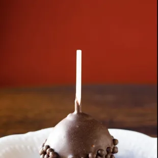 a chocolate covered apple on a plate