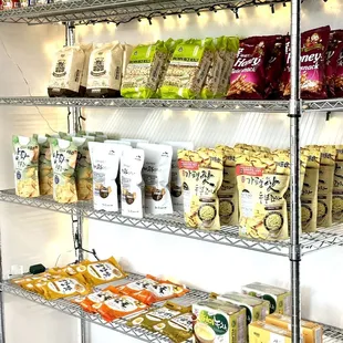 a shelf of snacks and snacks