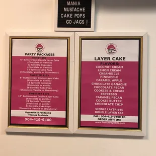 a menu for a cake shop