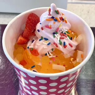 $0.54 per oz. Strawberry froyo. Yellow pop bubbles taste better than the pink pops