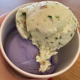 Gunther&apos;s pistachio and taro. Yum! $5.49 for two scoops which is pretty fair