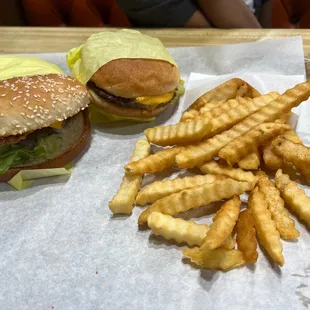 Chicken sandwich. Kids cheese burger and fries.