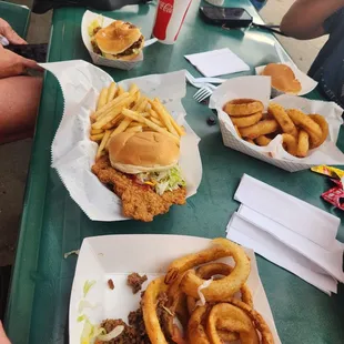 Loose meat sandwich, tenderloin, fries, onion rings