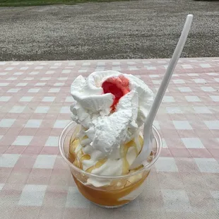 an ice cream sundae with a cherry on top