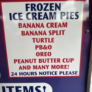 a sign for frozen ice cream pies